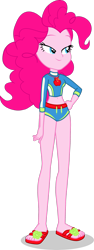Size: 1280x3388 | Tagged: safe, artist:dustinwatsongkx, pinkie pie, human, equestria girls, g4, applejack's beach shorts swimsuit, clothes swap, female, geode of super strength, magical geodes, midriff, sandals, simple background, solo, swimsuit swap, transparent background, vector