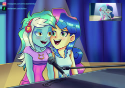 Size: 1063x752 | Tagged: safe, artist:ttshiro, bon bon, lyra heartstrings, sweetie drops, human, equestria girls, g4, my little pony equestria girls: rainbow rocks, duo, duo female, female, jewelry, lesbian, looking at each other, looking at someone, microphone, musical instrument, necklace, piano, scene interpretation, screencap reference, ship:lyrabon, shipping, singing, spotlight, stage