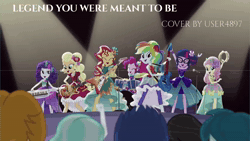 Size: 854x480 | Tagged: safe, artist:user4897, edit, edited screencap, screencap, applejack, captain planet, flash sentry, fluttershy, paisley, pinkie pie, rainbow dash, rarity, sci-twi, sunset shimmer, twilight sparkle, valhallen, equestria girls, g4, my little pony equestria girls: legend of everfree, alternate hairstyle, animated, drums, humane five, humane seven, humane six, keytar, legend you were meant to be, music, musical instrument, sound, tambourine, the rainbooms, webm