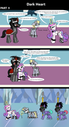 Size: 1920x3516 | Tagged: safe, artist:platinumdrop, derpy hooves, king sombra, princess flurry heart, alicorn, crystal pony, pegasus, pony, unicorn, comic:dark heart, g4, 3 panel comic, abuse, alternate timeline, armor, bound wings, chains, cloth gag, collar, comic, commission, crying, crystal, crystal castle, crystal empire, cuffed, cuffs, curved horn, dark crystal, derpybuse, dialogue, evil, evil flurry heart, evil smile, female, flirting, flurry heart is amused, folded wings, gag, glowing, glowing eyes, glowing horn, guard, hallway, helmet, horn, husband and wife, indoors, looking at each other, looking at someone, looking down, magic, magic aura, male, mare, mask, mind control, nuzzling, older, older derpy hooves, older flurry heart, onomatopoeia, over the nose gag, punishment, sad, shackles, ship:flurrybra, shipping, slave, slave collar, smiling, smug, smug smile, sombra soldier, sound effects, spear, speech bubble, spiked collar, spiked wristband, stallion, straight, tears of sadness, teary eyes, this will not end well, throne room, victorious villain, walking, wall of tags, weapon, wing cuffs, wings, wristband