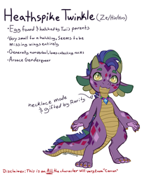 Size: 1321x1578 | Tagged: safe, artist:caffeinatedcarny, master kenbroath gilspotten heathspike, spike, dragon, g3, g4, alternate design, alternate universe, baby, baby dragon, claws, colored sclera, cute, disabled, fangs, gender headcanon, genderqueer, headcanon, heathspike twinkle, horns, lgbt, lgbt headcanon, lgbtq, markings, redesign, simple background, slit pupils, solo, spikabetes, white background