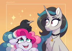 Size: 2255x1609 | Tagged: safe, artist:skysorbett, oc, oc only, oc:sky sorbet, oc:smoky spectre, bird, crow, pegasus, pony, raven (bird), unicorn, abstract background, cute, duo, female, gradient background, horn, looking up, mare, on head, pegasus oc, pet, smiling, unicorn oc