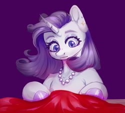 Size: 2560x2313 | Tagged: safe, artist:furawa, rarity, pony, unicorn, g4, bust, chest fluff, curved horn, ear fluff, female, high res, hoof polish, horn, human shoulders, jewelry, mare, necklace, pearl necklace, sewing, sitting, solo, sternocleidomastoid