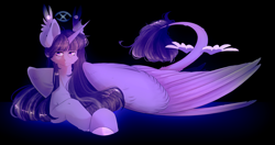 Size: 2642x1395 | Tagged: safe, artist:furawa, twilight sparkle, alicorn, g4, female, large wings, leonine tail, looking at you, lying down, mare, prone, redesign, solo, tail, twilight sparkle (alicorn), unamused, wings