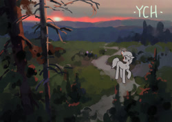 Size: 1407x1000 | Tagged: safe, artist:koviry, oc, oc only, commission, dirt road, forest, looking at something, nature, no mouth, outdoors, raised hoof, scenery focus, solo, standing, sunset, text, tree, white text, your character here