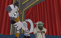 Size: 1920x1200 | Tagged: safe, artist:puzzlshield2, zecora, pony, zebra, g4, 3d, 3d render, auditorium, crossover, disney, game grumps, hoof over mouth, joke, lucasfilm, mmd, recreation, snickering, stand-up comedy, star wars, yoda