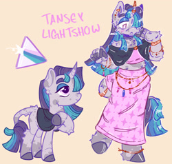 Size: 2000x1900 | Tagged: safe, artist:tottallytoby, oc, oc only, oc:tansey lightshow, pony, unicorn, anthro, unguligrade anthro, :<, anklet, arm fluff, bangles, base used, bracelet, cheek fluff, clothes, colored eyebrows, colored eyelashes, colored hooves, colored horntip, colored pinnae, colored pupils, curved horn, ear fluff, ear markings, elbow fluff, eyebrows, eyeshadow, facial markings, female, fluffy, gold jewelry, hair over one eye, hoof hands, hooves, horn, horn cap, horn jewelry, jewelry, leg fluff, leonine tail, lidded eyes, long mane, long skirt, long tail, looking down, looking up, makeup, mare, multicolored mane, multicolored tail, pencil skirt, pink background, pink skirt, purple coat, purple eyelashes, purple eyes, purple hooves, purple pupils, reference sheet, shawl, shoulder fluff, shoulderless, simple background, skirt, smiling, splotches, standing, straight mane, straight tail, style emulation, tail, tail fluff, tail jewelry, teal eyeshadow, thick eyebrows, tube top, unicorn horn, unicorn oc, waist chain, wall of tags, white pupils