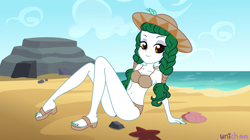 Size: 3832x2152 | Tagged: safe, artist:unichan, oc, oc only, oc:olivia leaf, starfish, equestria girls, g4, beach, bedroom eyes, belly button, bikini, bikini bottom, bikini top, breasts, clam, clothes, commission, equestria girls-ified, feet, female, freckles, hat, looking at you, nail polish, ocean, rock, sand, shell, sitting, solo, sun hat, swimsuit, toenail polish, water, ych result