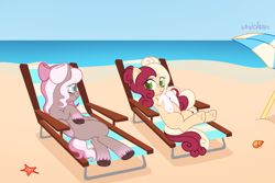 Size: 3000x2000 | Tagged: safe, artist:unichan, oc, oc only, oc:raspberry radio, oc:timid paws, earth pony, pegasus, pony, starfish, beach, beach chair, beach umbrella, bow, chair, commission, duo, duo female, female, hair bow, mare, markings, ocean, sand, sun lounger, unshorn fetlocks, water, ych result