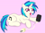 Size: 3500x2579 | Tagged: safe, artist:sweetielover, dj pon-3, vinyl scratch, pony, unicorn, g4, atg 2024, broken, charger, charging, female, high res, horn, low battery, newbie artist training grounds, open mouth, phone, simple background, sitting, solo, wires, worried