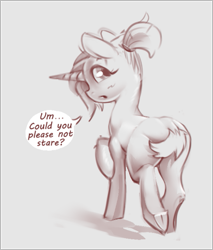 Size: 683x802 | Tagged: safe, artist:applepost67, oc, oc only, pony, unicorn, butt, covering, covering crotch, horn, looking back, monochrome, plot, solo, speech bubble, strategically covered, tail, tail censor, talking to viewer, unicorn oc