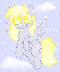 Size: 814x963 | Tagged: safe, artist:cutiesparke, derpy hooves, pony, g4, cheek fluff, chest fluff, cloud, double mane, ear fluff, female, flying, lightly watermarked, looking at you, raised hoof, sky, sky background, smiling, solo, sparkles, spread wings, stars, watermark, wings