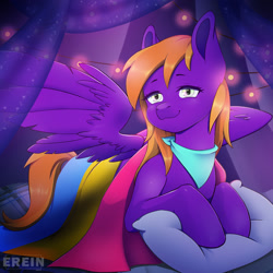 Size: 2000x2000 | Tagged: safe, alternate character, alternate version, artist:erein, oc, oc only, oc:burningstar, pegasus, pony, bandana, bedroom, clothes, commission, ears up, female, flag, garland, high res, indoors, lgbt, looking at you, multicolored eyes, multicolored hair, multicolored tail, night, pansexual, pansexual pride flag, pegasus oc, pillow, pride, pride flag, pride month, purple fur, room, smiling, smiling at you, solo, spread wings, string lights, tail, wings, ych result