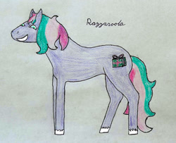 Size: 2686x2181 | Tagged: safe, oc, oc only, oc:razzaroola, earth pony, pony, g3, art trade, colored pencil drawing, cursive writing, earth pony oc, excited, female, grin, happy, hoers, mare, multicolored eyes, multicolored hair, multicolored mane, multicolored tail, not razzaroo, rectangular pupil, simple background, smiling, solo, tail, traditional art