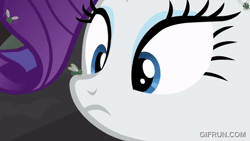 Size: 520x293 | Tagged: safe, screencap, rarity, fly, fly-der, hybrid, insect, pony, spider, unicorn, g4, school raze, season 8, animated, bag, boop, crying, female, gif, gifrun.com, horn, mare, saddle bag, self-boop, smack, tears of pain, teary eyes