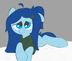 Size: 972x824 | Tagged: safe, artist:castafae, oc, oc only, oc:babbling brook, earth pony, pony, clothes, female, hairclip, lying down, mare, one ear down, ponytail, prone, solo, sweater