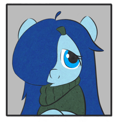Size: 1040x1074 | Tagged: safe, artist:castafae, oc, oc only, oc:babbling brook, earth pony, pony, bust, clothes, female, hair over one eye, hairclip, mare, portrait, solo, sweater