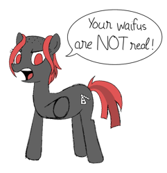Size: 569x591 | Tagged: artist needed, safe, oc, oc only, oc:zippers, bald, dialogue, female, mare, op is a duck, pointing, red eyes, simple background, solo, transparent background, your waifu isn't real