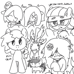 Size: 1020x1020 | Tagged: safe, artist:castafae, rainbowshine, oc, oc:babbling brook, oc:faint rune, oc:filly anon, earth pony, pegasus, pony, g4, belly button, blushing, clothes, dialogue, ear blush, eyebrows, fangs, female, filly, floppy ears, flower, flower in hair, flying, foal, glasses, hair over eyes, hairclip, lidded eyes, mare, monochrome, mug, ponytail, raised hooves, scarf, sweater