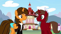 Size: 3200x1800 | Tagged: safe, artist:rogan140, oc, oc only, oc:ej, oc:rogan, alicorn, g4, alicorn oc, duo, duo male, horn, looking at each other, looking at someone, male, ponyville, ponyville town hall, stallion, town square, wings