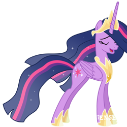 Size: 1280x1280 | Tagged: safe, artist:scienset, edit, edited screencap, screencap, twilight sparkle, alicorn, pony, g4, the last problem, concave belly, crown, ethereal mane, ethereal tail, eyebrows, eyes closed, female, future twilight, hoof shoes, horn, jewelry, long horn, long mane, long tail, mare, older, older twilight, older twilight sparkle (alicorn), open mouth, peytral, princess shoes, princess twilight 2.0, regalia, side view, simple background, slender, solo, tail, tall, thin, transparent background, twilight sparkle (alicorn)
