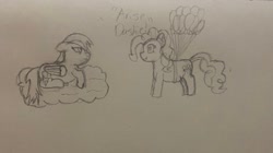 Size: 3019x1696 | Tagged: safe, artist:supersonicrainboom, derpibooru exclusive, pinkie pie, rainbow dash, earth pony, pegasus, g4, atg 2024, balloon, cloud, duo, duo female, female, floating, newbie artist training grounds, on a cloud, pencil drawing, sketch, then watch her balloons lift her up to the sky, traditional art