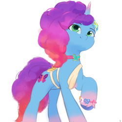 Size: 2304x2304 | Tagged: safe, artist:dulldi, misty brightdawn, pony, unicorn, g5, bracelet, choker, clothes, coat markings, colored belly, cute, female, friendship bracelet, high res, horn, jewelry, mare, mistybetes, raised hoof, simple background, smiling, socks (coat markings), solo, white background