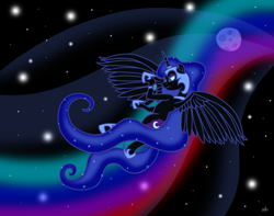 Size: 5071x4000 | Tagged: safe, artist:mafon, nightmare moon, alicorn, pony, g4, absurd resolution, female, helmet, hoof shoes, mare, moon, peytral, solo, space, spread wings, watch, wings, wristwatch