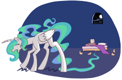 Size: 2540x1660 | Tagged: safe, artist:mafon, princess celestia, alicorn, pony, g4, alarm clock, atg 2024, bed, clock, eyes closed, female, full moon, impossibly long tail, long legs, long tail, mare, moon, newbie artist training grounds, simple background, sleepy, solo, tail, transparent background, yawn