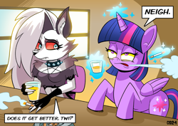 Size: 1600x1131 | Tagged: safe, artist:curtsibling, twilight sparkle, alicorn, hellhound, pony, anthro, alcohol, ashtray, bags under eyes, bar, booze, cigarette, clothes, collar, crossover, dialogue, drink, drinking, duo, duo female, female, fingerless gloves, glass, gloves, glowing, glowing horn, helluva boss, horn, jaded, levitation, lidded eyes, looking at someone, looking sideways, loona (helluva boss), magic, mare, neigh, smoking, speech bubble, spiked collar, telekinesis, top, twilight sparkle (alicorn)