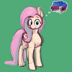 Size: 2048x2048 | Tagged: safe, artist:phutashi, fluttershy, pony, g4, atg 2024, colored sketch, exploitable meme, female, green background, looking at you, mare, meme, newbie artist training grounds, reference, simple background, sketch, solo, spilled milk, spongebob reference, spongebob squarepants, the inner machinations of my mind are an enigma, the secret box, thought bubble