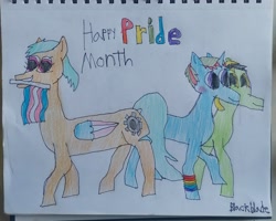 Size: 3252x2604 | Tagged: safe, artist:blackblade360, oc, oc only, oc:grassy shot, oc:rina flightline, oc:sharpeye, earth pony, pegasus, pony, unicorn, blushing, colored pencil drawing, earth pony oc, female, flag, gay pride, gay pride flag, high res, horn, irl, looking at each other, looking at someone, male to female, mare, multiple characters, oc x oc, paper, pegasus oc, photo, pose, pride, pride flag, pride month, shipping, signature, smiling, smiling at each other, stick, traditional art, transgender, transgender pride flag, trio, unicorn oc