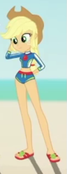 Size: 219x570 | Tagged: safe, edit, edited screencap, screencap, applejack, human, aww... baby turtles, equestria girls, g4, my little pony equestria girls: better together, applejack's beach shorts swimsuit, applejack's hat, clothes, cowboy hat, cropped, female, hat, midriff, sandals, slender, solo focus, swimsuit, thin