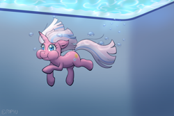 Size: 1500x1000 | Tagged: safe, artist:empyu, clear sky, pony, unicorn, g4, cute, cute sky, female, holding breath, horn, mare, puffy cheeks, solo, swimming, swimming pool, underwater, water