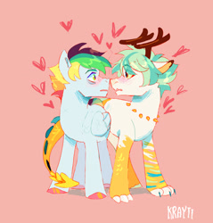 Size: 2328x2436 | Tagged: safe, artist:kraytt-05, oc, oc only, oc:philadelfia, oc:rain coffee, hybrid, pegasus, pony, antlers, blushing, boop, duo, duo male, floating heart, gay, heart, interspecies offspring, looking into each others eyes, male, noseboop, oc x oc, offspring, offspring shipping, parent:discord, parent:princess celestia, parent:rainbow dash, parent:soarin', parents:dislestia, parents:soarindash, pink background, shipping, signature, simple background, stallion