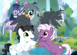 Size: 2341x1669 | Tagged: safe, artist:moonlightthegriffon, gabby, loganberry, mercury, starry eyes (character), earth pony, griffon, pegasus, pony, g4, base used, female, friendship student, happy, male, school of friendship, screencap background, spread wings, stallion, wholesome, wings