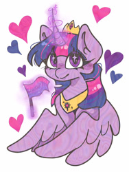 Size: 750x1000 | Tagged: safe, artist:raggdollii, twilight sparkle, alicorn, pony, g4, bisexual pride flag, blushing, crown, eye clipping through hair, female, glowing, glowing horn, heart, horn, jewelry, looking at you, magic, magic aura, mare, partially open wings, peytral, pride, pride flag, pride month, regalia, simple background, smiling, smiling at you, solo, sparkly eyes, telekinesis, twilight sparkle (alicorn), white background, wingding eyes, wings
