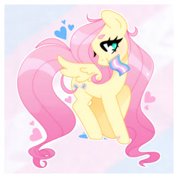 Size: 1400x1400 | Tagged: safe, artist:vivian reed, fluttershy, pegasus, pony, g4, female, floating heart, heart, long mane, long tail, looking at you, mare, mouth hold, pride, pride flag, pride month, smiling, smiling at you, solo, spread wings, tail, trans female, trans fluttershy, transgender, transgender pride flag, wings
