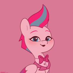 Size: 2480x2480 | Tagged: safe, artist:starburstuwu, zipp storm, pegasus, pony, baby critters, g5, my little pony: tell your tale, adorazipp, beautiful, blushing, bowtie, bust, clothes, cute, elegant, female, high res, looking at you, mare, open mouth, open smile, pink background, simple background, smiling, smiling at you, solo, suit