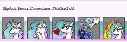 Size: 1500x500 | Tagged: safe, artist:skydreams, princess celestia, princess luna, alicorn, pony, banana, coffee, commission, crown, emotes, female, fire, food, giggling, heart, jewelry, mare, meme, mug, peytral, pounce, regalia, smiling, startled, this is fine