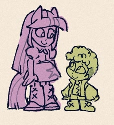 Size: 686x751 | Tagged: safe, artist:disaterror, spike, twilight sparkle, human, equestria girls, g4, alternate design, boots, brother and sister, clothes, curly hair, dress, duo, duo male and female, female, height difference, human spike, humanized, jacket, knee-high boots, limited palette, long mane, long tail, looking at each other, looking at someone, male, oversized clothes, pony ears, shirt, shoes, short hair, siblings, simple background, skirt, smiling, smiling at each other, species swap, standing, straight mane, straight tail, tail, texture, yellow background