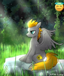 Size: 1726x2048 | Tagged: safe, artist:petaltwinkle, part of a set, oc, oc only, oc:platinumdrop, pegasus, pony, art trade, blue eyes, colored, detailed, detailed background, emoji, frown, grass, gray coat, long tail, male, narrowed eyes, nature, outdoors, pegasus oc, rock, shiny eyes, short mane, signature, sitting, solo, spiky mane, spread wings, stallion, tail, wings, yellow mane, yellow tail