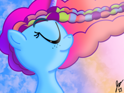 Size: 2160x1620 | Tagged: safe, artist:jesslmc16, misty brightdawn, unicorn, g5, my little pony: tell your tale, the blockywockys, spoiler:g5, spoiler:my little pony: tell your tale, spoiler:tyts02e00, cloud, dawn, digital art, dreadlocks, freckles, gradient background, horn, multicolored hair, rebirth misty, signature