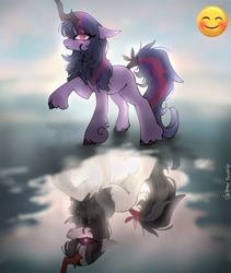 Size: 1726x2048 | Tagged: safe, artist:petaltwinkle, part of a set, twilight sparkle, pony, unicorn, g4, alternate design, alternate hairstyle, art trade, bangs, blurry background, brown hooves, colored, colored hooves, colored horn, day, duality, ear fluff, ears back, emoji, evil twilight, eye clipping through hair, eyelashes, fetlock tuft, frown, glowing, glowing eyes, horn, long mane, long tail, looking at you, missing cutie mark, multicolored mane, multicolored tail, outdoors, purple coat, purple eyes, raised hoof, red eyes take warning, reflection, signature, sky, solo, sparkly mane, sparkly tail, standing, staring into your soul, tail, tied tail, unicorn twilight, unique horn, unshorn fetlocks, water, wide eyes, wingding eyes