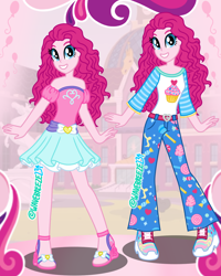Size: 1080x1350 | Tagged: safe, artist:wavebreeze234, pinkie pie, human, equestria girls, g4, 2d, belt, belt buckle, canterlot high, clothes, curly hair, female, looking at you, shirt, shoes, short sleeves, skirt, smiling, smiling at you, waistband