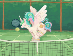 Size: 1657x1287 | Tagged: safe, artist:saskaw, princess celestia, alicorn, pony, g4, alternate hairstyle, ball, chest fluff, eyes closed, female, mare, mouth hold, ponytail, solo, sports, spread wings, tennis, tennis ball, tennis racket, unshorn fetlocks, wings