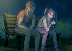 Size: 3508x2480 | Tagged: safe, artist:amazingpuffhair, aria blaze, oc, oc:tokamak, bench, night, park bench, pensive