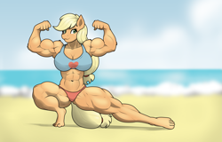 Size: 4059x2590 | Tagged: safe, artist:matchstickman, applejack, anthro, plantigrade anthro, applejacked, beach, bicep flex, bikini, clothes, female, flexing, muscles, muscular female, ocean, pose, solo, swimsuit, water