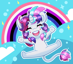Size: 3914x3459 | Tagged: safe, artist:partypievt, oc, oc:party pie, classical unicorn, unicorn, anthro, chibi, cloven hooves, commission, eyebrows, eyebrows visible through hair, eyes closed, facial markings, freckles, genderfluid, genderfluid pride flag, horn, leonine tail, open mouth, ponytail, pride, pride flag, rainbow, smiling, solo, tail, unshorn fetlocks, ych example, ych result, your character here