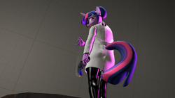 Size: 2560x1440 | Tagged: safe, artist:thatbluebro, twilight sparkle, alicorn, anthro, g4, 3d, clothes, female, gun, handgun, horn, lab coat, looking at you, looking back, looking back at you, low angle, r8, revolver, smoke, solo, stage.bsp, syringe, tongue out, weapon